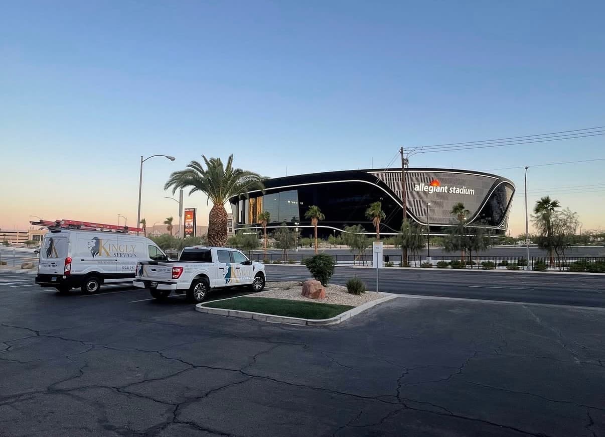 Kingly Services HVAC trucks parked near Allegiant Stadium in Las Vegas Nevada